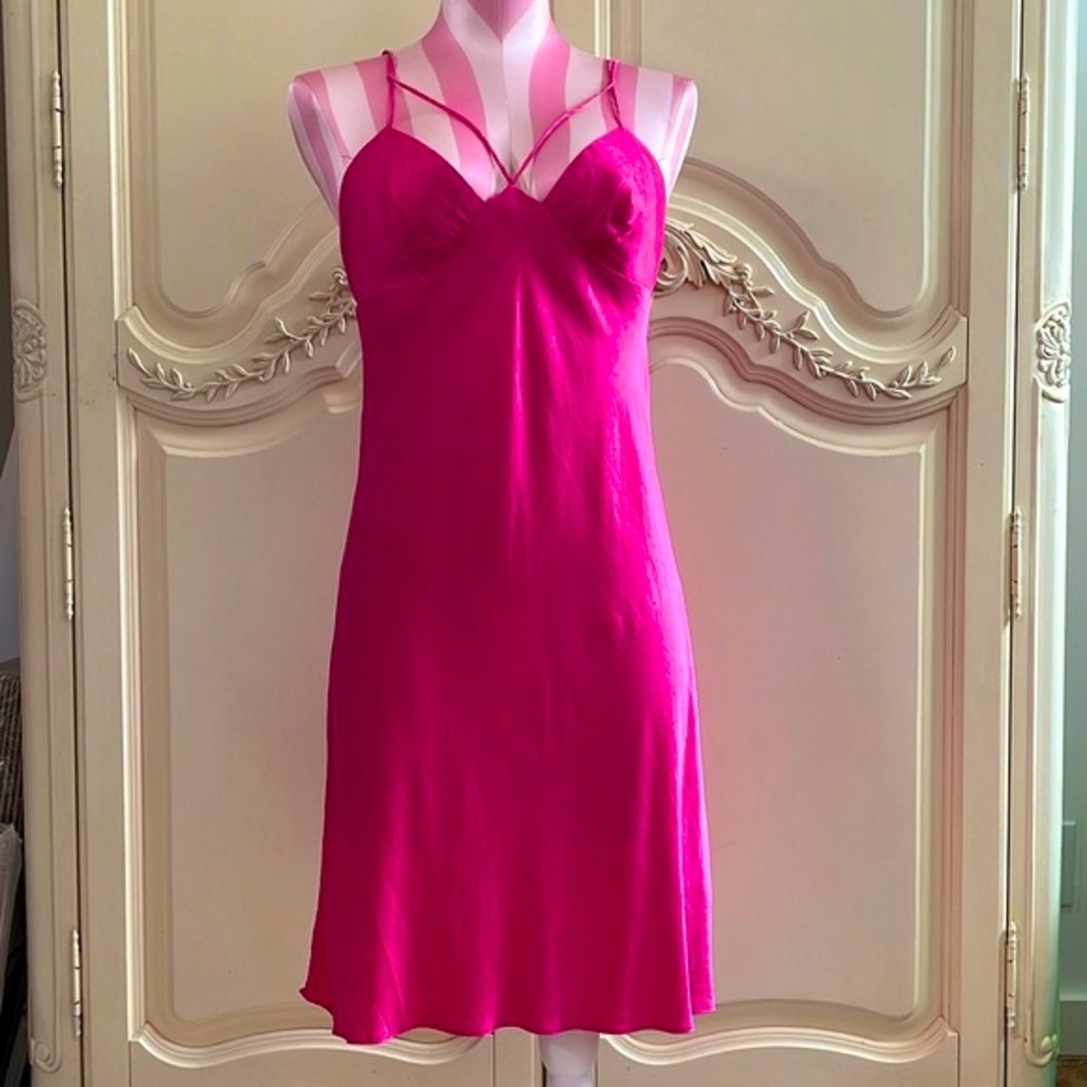 Vintage 100% Silk Strappy Cyanine Pink Chemise Gown Slip
